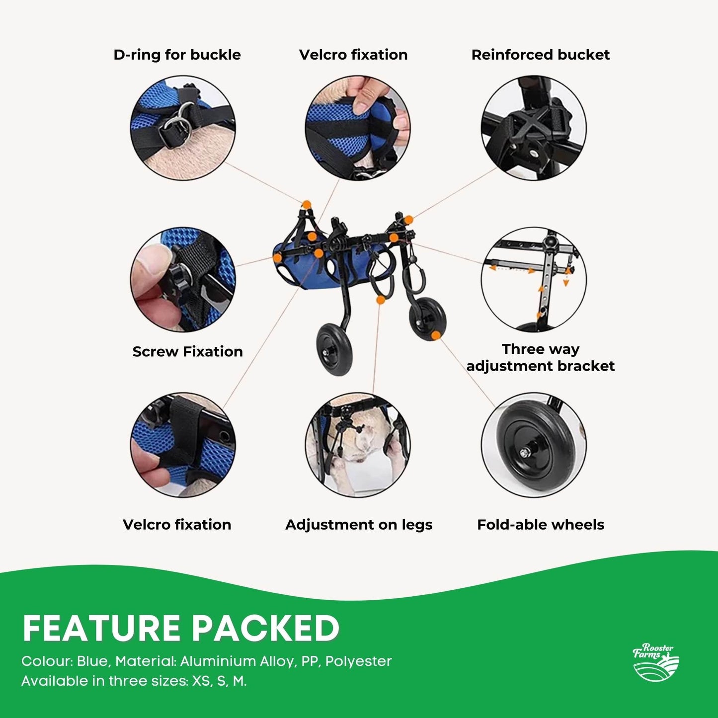 Rooster Farms Little Dog Breed Wheelchair - Back Hind Legs Adjustable Mobility Aid-4